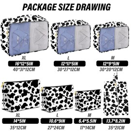BHAHB 7 Set Packing Cubes Travel Luggage Organizers for Suitcase Travel Accessories with Shoe Bag for Women Girls Aesthetic Cute-Black White Cow Pattern