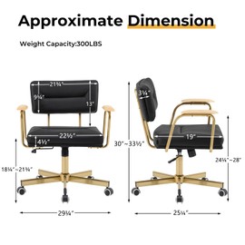 Furniliving Leather Office Chairs,Comfy Office Chair, Adjustable Swivel Vanity Chair with Golden Legs and Wooden Padded Armrest, Modern Upholstered Task Chair with Wheels,Black