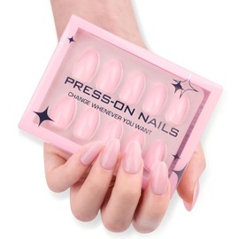 Pink Press on Nails - Press On Nails Short Almond - Light Weight & Fit Perfectly False Nails - Full Cover Fake Nails with Glue - Reusable Semi-Transparent Stick on Nails for Women