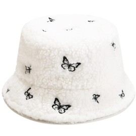 Winter Warm Plush Fuzzy Bucket Hat Faux Fur Shearling Butterfly Fisherman Hats for Women (US, Alpha, One Size, White)
