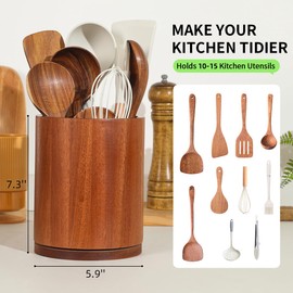 Gorsent Wooden Utensil Holder, 360°Rotating 7.3'' Large Kitchen Utensil Holder for Kitchen Counter, Kitchen Utensil Organizer, Utensil Crock, Farmhouse Kitchen Countertop Decor, Sapele Utensil Holder