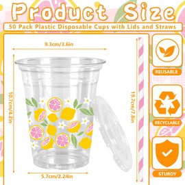 JarThenaAMCS 50 Pcs Summer Lemon Plastic Cups Disposable Cups with Lids Straws 12 Oz Pink Yellow Lemon Flower Clear Plastic Cup for Summer Party Supplies