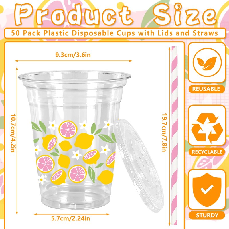 JarThenaAMCS 50 Pcs Summer Lemon Plastic Cups Disposable Cups with