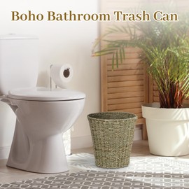 hardcometrue Boho Wicker Trash Can with Lid,Waterproof Bathroom Trash Can Hand Woven Wicker Waste Baskets for Kitchen Office Bedroom