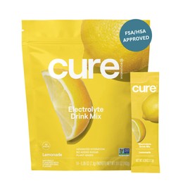 Cure Hydration | Plant-Based Electrolyte Drink Mix | No Added Sugar | FSA & HSA | Dehydration Relief Powder Made with Coconut Water | Non-GMO | Vegan | Pouch of 14 Packets - Lemonade