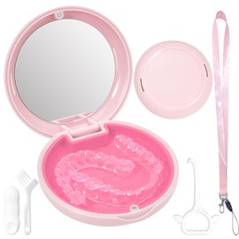 Gaboolo Retainer Case Slim Aligner Case with Vent Holes Removable Inner Tray Silicone for Easy Cleaning Dental Brace Box with Retainer Removal Tool and Brush (Opaque Pink with Lanyard)