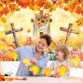 Fall Harvest Cross Backdrop Autumn Jesus Pumpkin Trunk or Treat Decorations for Autumn Party Banner Religious Garage Door Wall Photo Booth Supplies (7x5FT)
