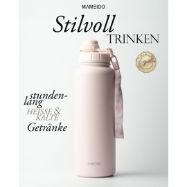 MAMEIDO Thermos Flask with Straw, 1.2 L, Leak-Proof Drinking Bottle, Stainless Steel Insulated, Water Bottle BPA-Free with Carry Strap, Water Bottle Sport (Blush Kissed, 1200 ml)