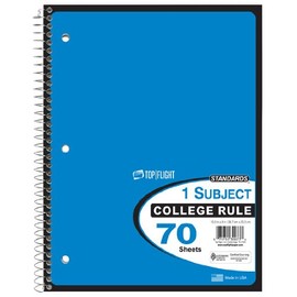 Top Flight Standards 1-Subject Wirebound Notebook, 70 Sheets, College Rule, 10.5 x 8 Inches, 1 Notebook, Blue Cover (30073)
