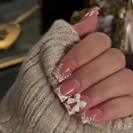 Floral French Press on Nails Cute Pink False Nails with Bow Pearl Design French Nails Press ons Cute Bow Nail Tips Stick on Nails Long Square Shape Artificial Nails Acrylic Finger Manicure for Women