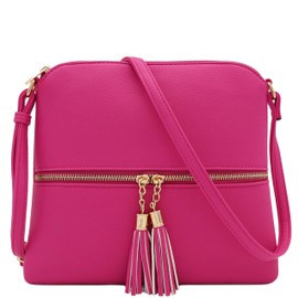 Lightweight Medium Crossbody Bag with Tassel (Fuchsia)