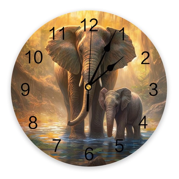 Wall Clock 14 Inch Silent Non-Ticking, Elephant Round Decorative Clock