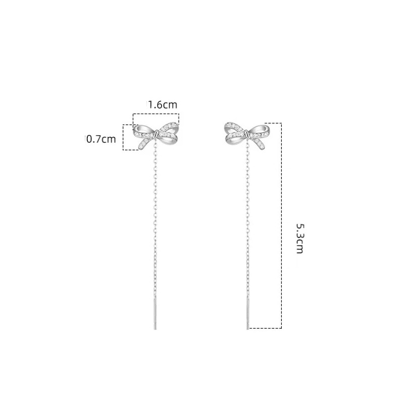 Women Sterling Silver Bow CZ Dangle Pull Through Threader Stud