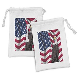 Ambesonne Eagle Fabric Pouch Set of 2, American Flag a Avian Animal USA Theme Image Print Old Glory Background and Bird, Small Drawstring Bag for Toiletries Masks and Favors, 9" x 6", Multicolor
