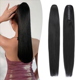 S-noilite Real Hair Ponytail Extensions with Clip - Braid Hair Extension Straight 120 g Extensions Real Hair Ponytail 50 cm #1 Jet Black