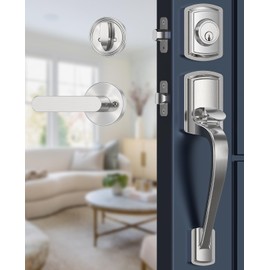 Mensarix Front Door Handle and Deadbolt Set for Right & Left Handed, Front Door Lock Set with Single Cylinder Deadbolt, Entry Doors Locksets with Modern Exterior Handle, Reversible Lever, Satin Nickel
