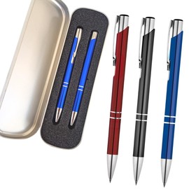 Set Bolígrafo con Estuche Acero Inoxidable Metalico Duo Pluma Estuche Metálico Punta Media Tinta Negra Elegante Caligrafia Punta Retráctil Portatil Boligrafo Licenciado (Azul)