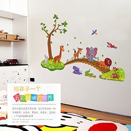 Kibi Green Tree Cute Lion Rabbit Giraffe Elephant Crossing The Bridge Wall Sticker Animals Wall Sticker Baby Room Removable Wall Sticker Animals Nursery Wall Pictures 86 (W) x 135 (H) cm