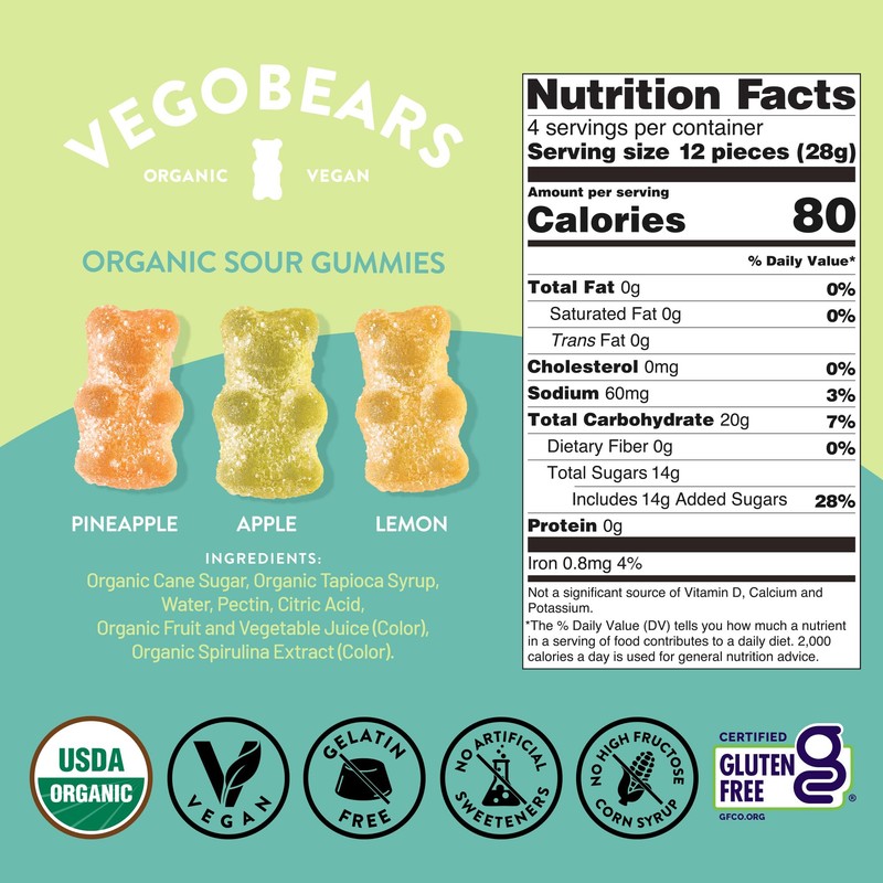 Vegobears Organic Sour Gummy Bears, 4 Oz