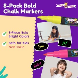 Chalky Crown - Chalk Pens for Blackboard Washable - Dry Wipe Markers for Chalkboards, Signs, Windows, Glass - Reversible Tip (Pack of 8) + 24 Chalkboard Labels, Multicoloured, 1 mm