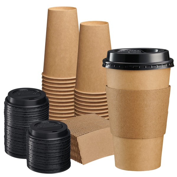 Comfy Package [50 Sets 16 oz. Disposable Kraft Coffee Cups with Black Lids, Sleeves - To Go Paper Hot Cups