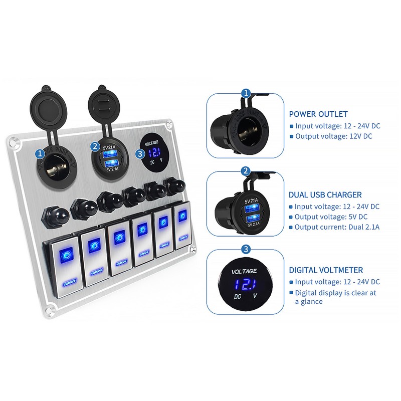 Rocker Switch Panel 8 Gang 12‑24V 5 Pin Blue Light