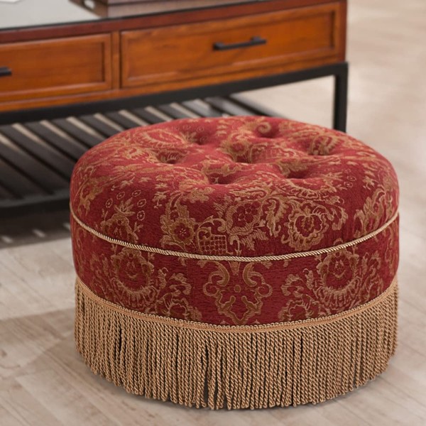 Jennifer Taylor Home Yolanda Collection Traditional Modern Cotton Blend Hand Tufted With Cord and Fringe Round Ottoman, Red Gold 14" x 24" x 24"