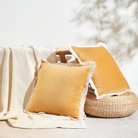 MONDAY MOOSE Decorative Throw Pillow Covers Cushion Cases, Set of 2 Soft Velvet Modern Fringe Tassel Designs, Mix and Match for Home Decor, Pillow Inserts Not Included (Yellow, 18x18 inch)