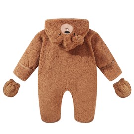 WISREMT Newborn Baby Snowsuit Bear Onesie Suit Boys Girls Fleece Jumpsuit with Mittens Winter Warm Hooded Rompers Clothes (Brown, 9-12 Months)