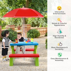 Costzon Kids Picnic Table, Indoor & Outdoor Plastic Table and Bench with Removable Umbrella, Portable Toddler Picnic Table and Chair Set for Garden, Backyard, Patio