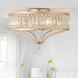 20" Gold Crystal Fandelier Ceiling Fans with Lights, Caged Low Profile Ceiling Fan with Light Remote Control with 6 Speeds for Bedroom, Nursery, Living Room