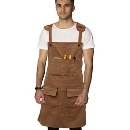 Foppla Woodworking Apron with 5 Tool Pocket Heavy Duty Work Apron Waterproof Oxford Cloth Workshop Tool Apron Adjustable Cross Strap Men Housework Apron for M-XXL Men Women Painting(Camel)