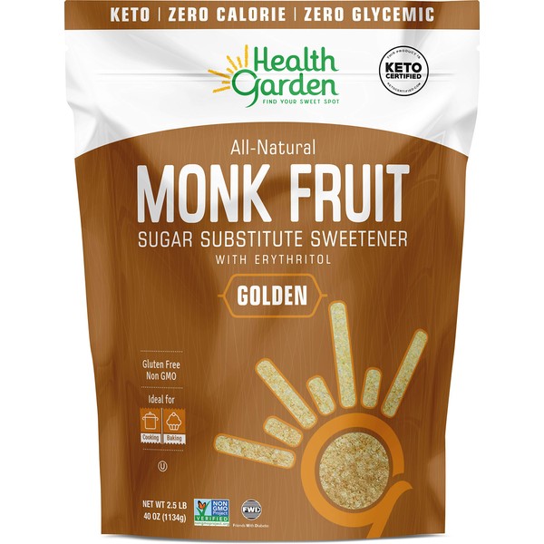 Health Garden Monk Fruit Sweetener, Golden- Non GMO - Gluten Free - 1:1 Sugar Substitute - Kosher - Keto Friendly (2.5 lbs)