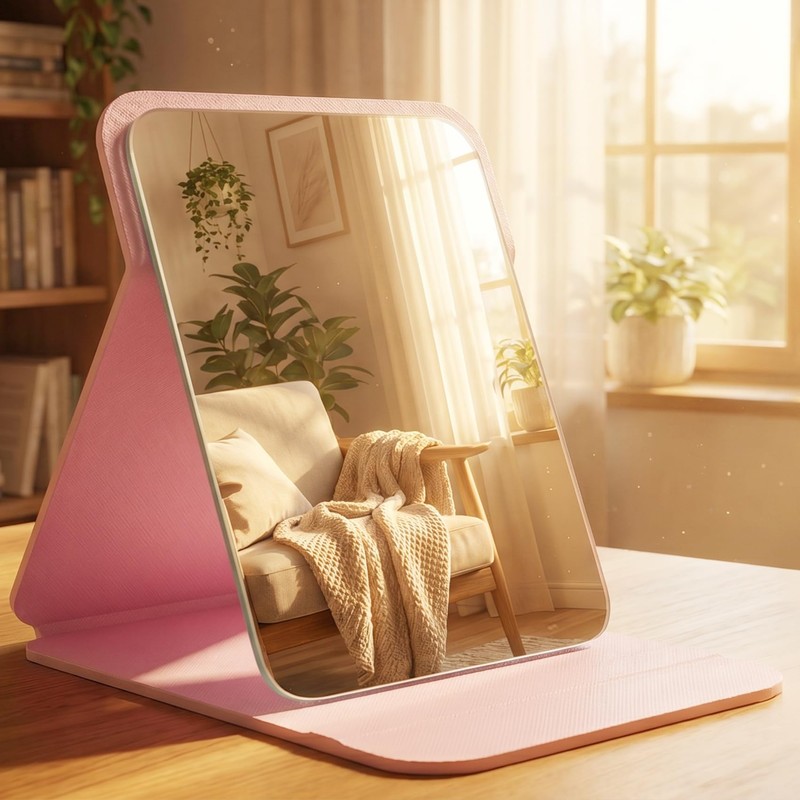 FINDCOZZIE Pink Folding Travel Mirror, 6x4 inches PU Portable Adjustable