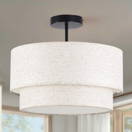 Buovikalo 16" Semi Flush Mount Ceiling Lights, 3 Light Entryway Ceiling Light Fixtures with Double Drum Linen Fabric Shade, Large Drum Light Fixture for Bedroom, Foyer and Hallway