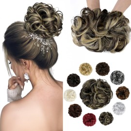 Felendy Messy Bun Hair Piece Wavy Curly Scrunchies Fluffy Donut Thick Updo Elegant Chignon Hairpieces for Women Girls, Dark Brown Mix Ash Blonde 1.4oz