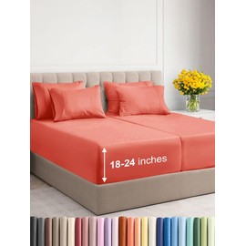 CGK Unlimited Extra Deep Split King Sheet Set - 7 Piece Breathable & Cooling Sheets - Hotel Luxury Bed Sheets Set - Easy & Secure Fit - Soft, Wrinkle Free & Comfy Sheets Set - Coral Sheet Set w/Extra Deep Pockets