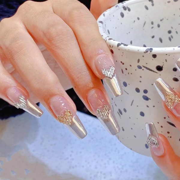 Press On Nails Acrylic Medium Silver Heart Press On Nails