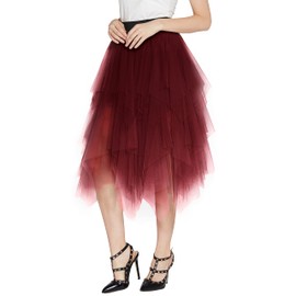 Urban CoCo Women's Sheer Tutu Skirt Tulle Mesh Layered Midi Skirt (L, Wine Red)