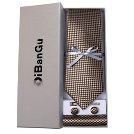 DiBanGu Plaid Ties for Men Silk Checkered Necktie and Pocket Square Cufflinks Tie Clip Set with Gift Box for Wedding Business, Brown