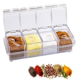 Seasoning Box Set, 4 Piece Clear Acrylic Spice Pots, Jars Condiment Containers with Cover and Spoon Seasoning Rack Storage Container Kitchen Cooking Organizer Tools for Spice Salt Sugar Cruet