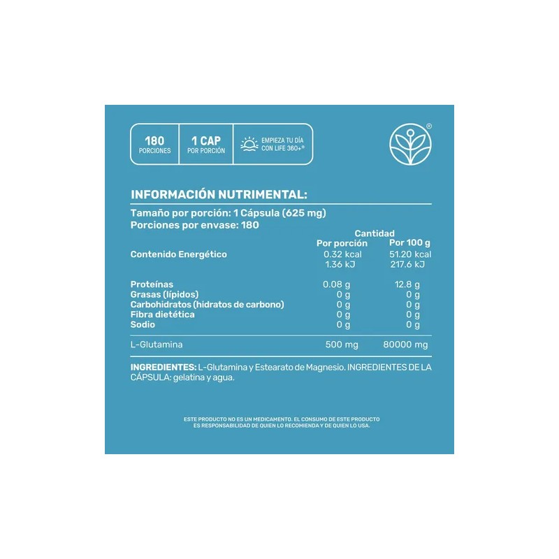 L-glutamina Life360+ Pure Glutamine 180 Cápsulas Magnesio Sin sabor