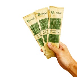 25 Count | KingSeal FSC Certified Disposable Wood Cutlery Kits, Bulk Pack, Sustainably Sourced - Spoon, Fork, Knife with Bleach-Free Napkin - 1 Bag of 25 Sets