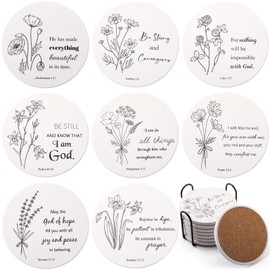 Hushee Coasters for Drinks with Bible Verses Set of 8 with Holder Inspirational Absorbent Ceramic Coasters with Cork for Home Decor Religious Christian Gifts First Communion Gifts (Floral)