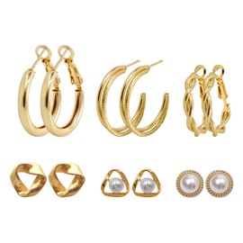 6 Pairs Gold Hoop Earrings Set for Women Fashion Lightweight Chunky Pearl Earrings Multipack Twisted Statement Earring Small Big Hoops Earrings Set for Women Jewelry Gifts, Medium, Alloy Steel Created