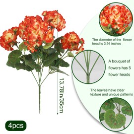 CISDUEO 4 Pcs Artificial Geranium Flowers for Outdoors Silk Flowers Outside Orange Flowers Bush Faux Geraniums for Planters Outdoor Decor Indoor Garden Patio Grave Cemetary Table Centerpiece
