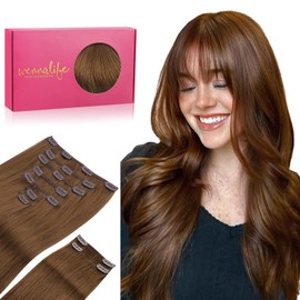 WENNALIFE Clip in Hair Extensions, 150g 14 Inch 9pcs Light Auburn Brown Human Hair Extensions Thicker Clip in Hair Extensions Real Human Hair Clip Set Double Weft