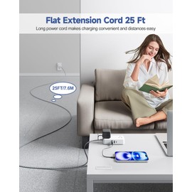 Flat Extension Cord 25 FT with 4 AC Outlets 3 USB Ports (5V/3.4A 17W), 25Ft Long Braided Cord Wall Mountable for Home Office Dorm