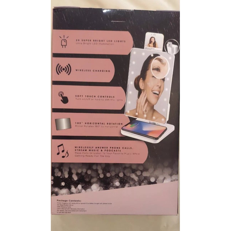 Vivitar Wireless Charging LED Vanity Mirror with Bluetooth Speakers Vlogging