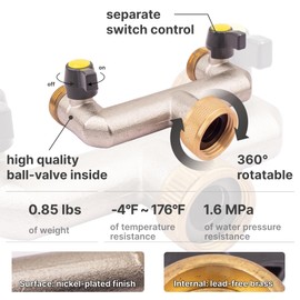 Brass Garden Hose Splitter, 2 Way Faucet Diverter with 2 Extension Handles, Outdoor Hose Splitter, Heavy Duty Nickel Plated, GHT 3/4-Inch Female Inlet and 3/4-Inch Male Outlet, Small